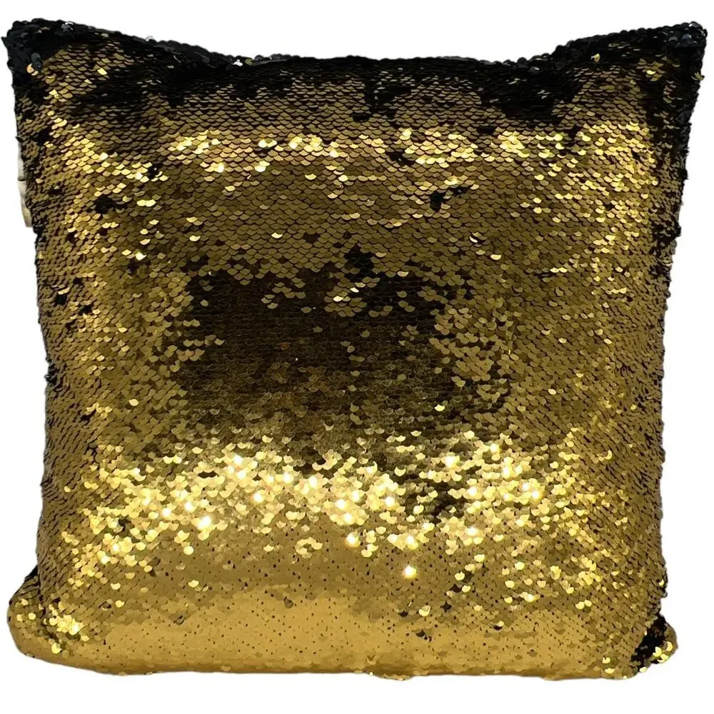 Square Sequin Magic Mermaid Throw Pillow Sparkling Black/Gold Color Shift -Black